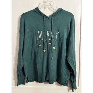 Rae Dunn Green Hoodie “Merry” Christmas Lights Embroidered NWT Sz Xl Holiday